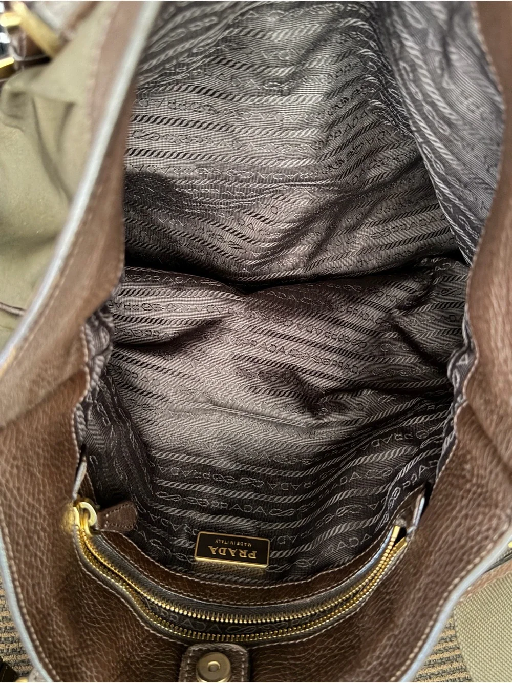 Vintage Dark Olive-Brown Prada Cervo-Trimmed Tessuto Handle Bag